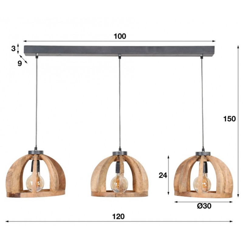 ZI Hanging lamp 3x Ø30 curved wooden bars